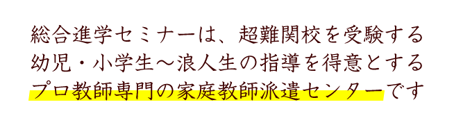 総合進学セミナーは、超難関校を受験する幼児・小学生～浪人生の指導を得意とするプロ教師専門の家庭教師派遣センターです